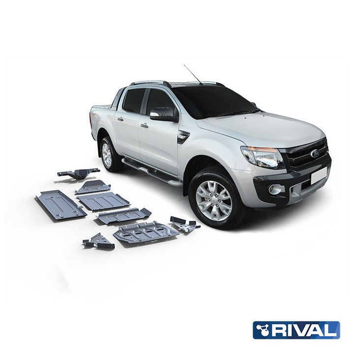 Skid Plate Set for Radiator, Engine, Gearbox, Transfer Case, Fuel Tank, Front Arms and Differential, Rival 2, Color Silver, Ford