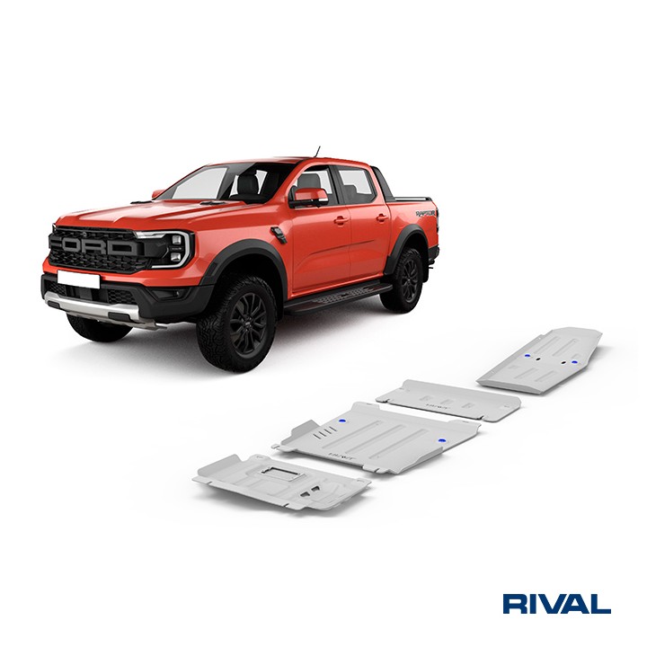 Skid Plate Set for Engine, Gearbox, Transfer Case and Fuel Tank, Rival 2L Diesel Everest Diese, Color Silver, Ford Ranger, Volks