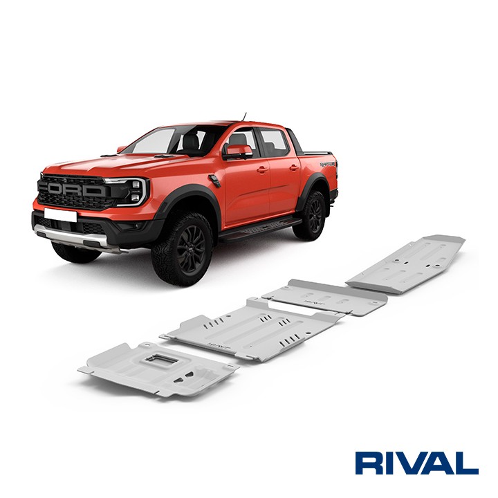 Skid Plate Set for Engine, Gearbox, Transfer Case and Fuel Tank, Rival, Color Silver, Ford Ranger Raptor 2022 - Present - EDK.ro