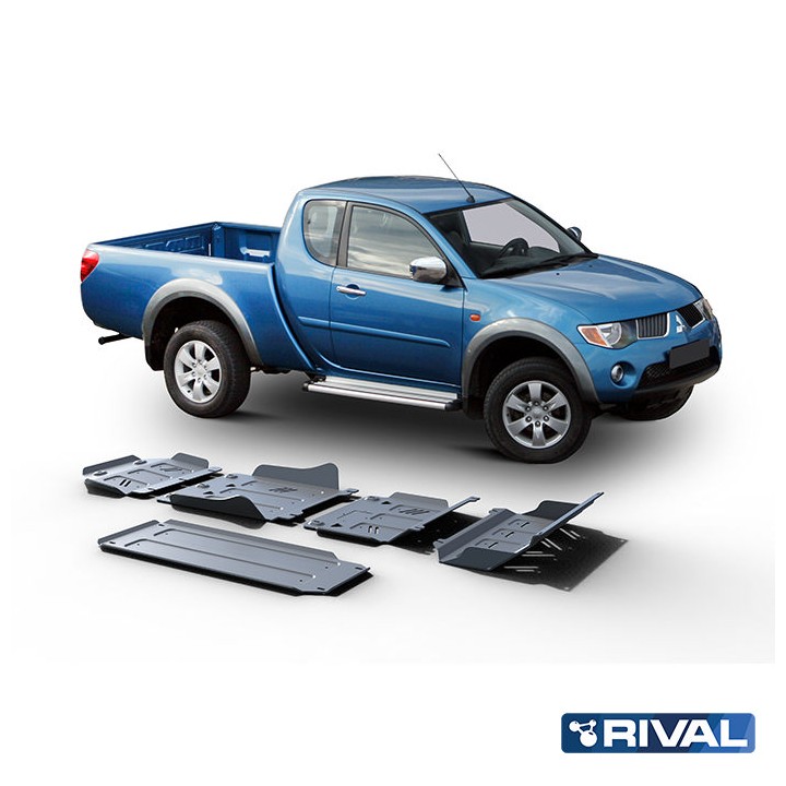 Skid Plate Set for Radiator, Engine, Gearbox, Transfer Case and Fuel Tank, Rival, Color Silver, Mitsubishi L200 / Pajero Sport 2