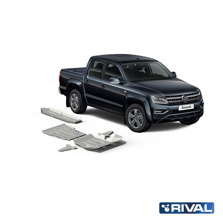 Skid Plate Set for Radiator, Engine, Gearbox, Transfer Case, Fuel Tank, Front Arms and Differential, Rival, Color Silver, Volksw