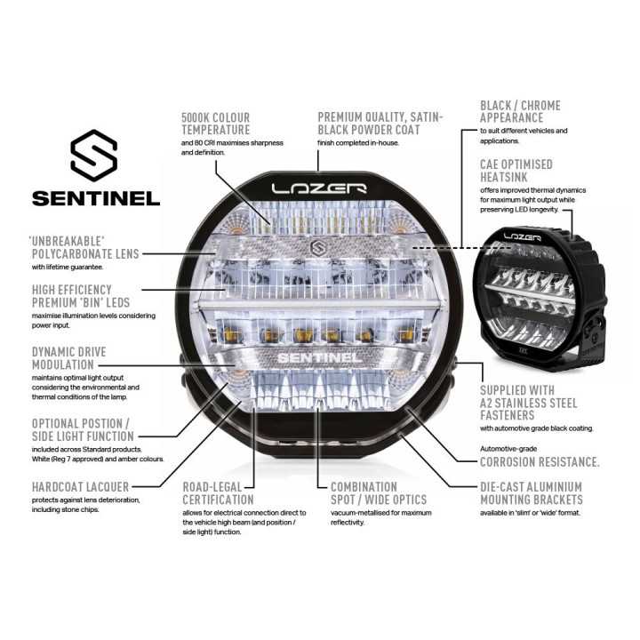 Proiector LED Omologat, Lazer Lamps Sentinel 9'' with Slim Mounting Kit, Flux Luminos 9,520Lm, Putere 87W, Crom - EDK.ro