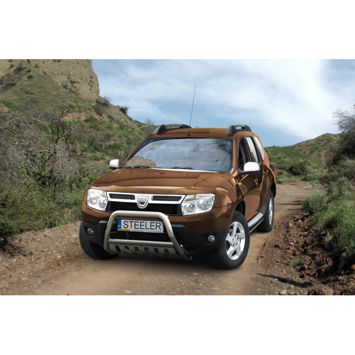 Bullbar Omologat RAR, Steeler 4x4 "A" Bar cu Placă, Culoare Argintiu, Dacia Duster 2010 - 2018 - EDK.ro