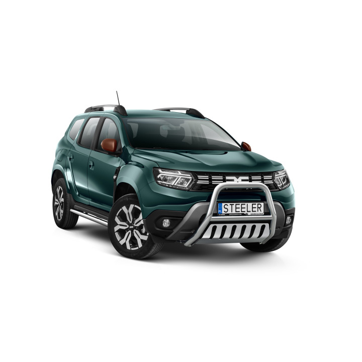EC Homologated Bullbar, Steeler 4x4 "A" Bar with Plate, Color Silver, Dacia Duster 2018 - 2023 - EDK.ro