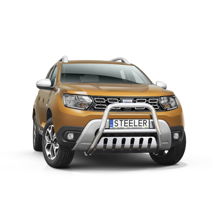 EC Homologated Bullbar, Steeler 4x4 "A" Bar with Plate, Color Silver, Dacia Duster 2018 - 2023 - EDK.ro