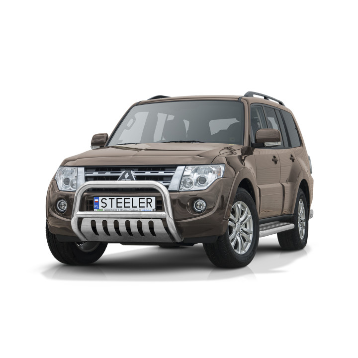 EC Homologated Bullbar, Steeler 4x4 "A" Bar with Plate, Color Silver, Mitsubishi Pajero 2007 - 2015 - EDK.ro