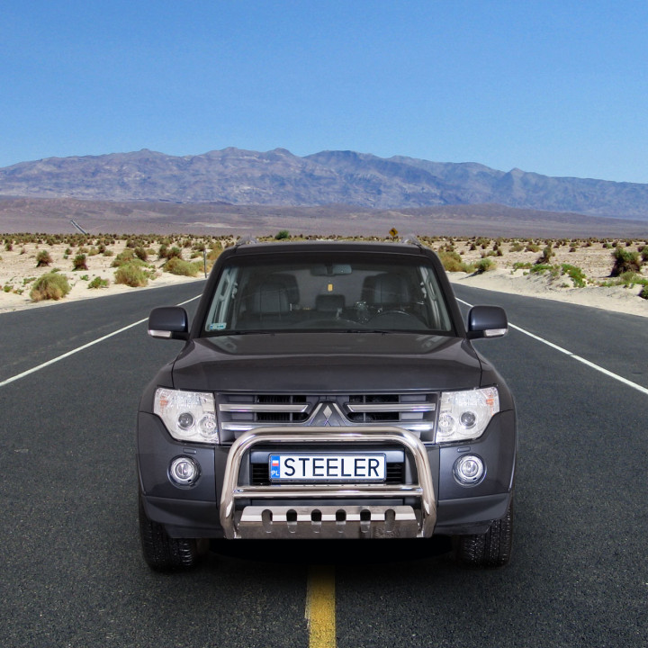 Bullbar Omologat RAR, Steeler 4x4 "A" Bar cu Placă, Culoare Argintiu, Mitsubishi Pajero 2007 - 2015 - EDK.ro
