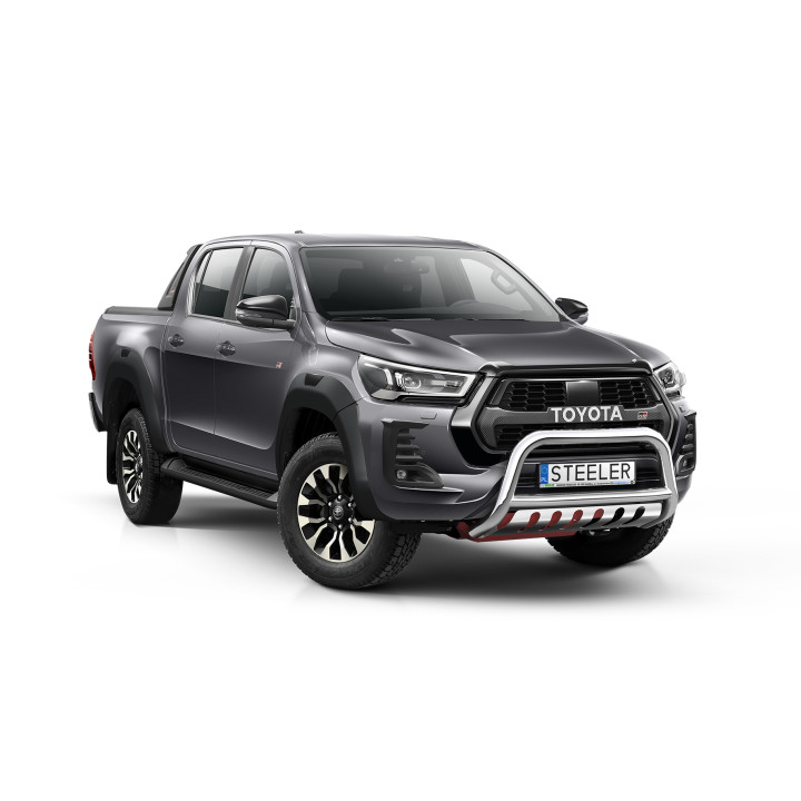 EC Homologated Bullbar, Steeler 4x4 "A" Bar with Plate, Color Silver, Toyota Hilux 2021 - Present - EDK.ro