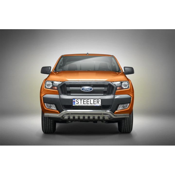 Bullbar Omologat RAR, Steeler 4x4 Low Spoiler Bar cu Placă, Culoare Argintiu, Ford Ranger 2016 - 2022 - EDK.ro