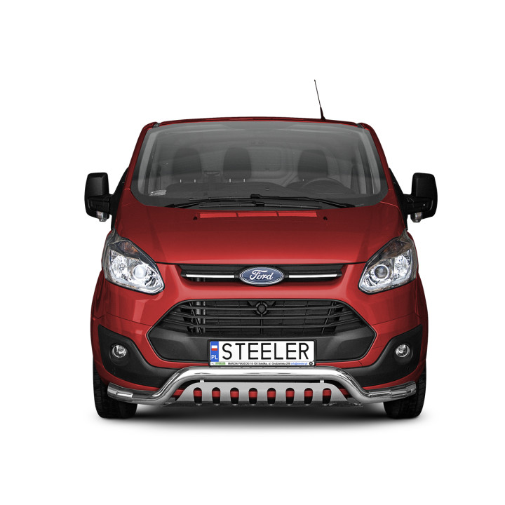 Bullbar Omologat RAR, Steeler 4x4 Low Spoiler Bar cu Placă, Culoare Argintiu, Ford Transit Custom 2012 - 2018 - EDK.ro