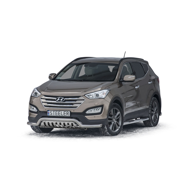 EC Homologated Bullbar, Steeler 4x4 Low Spoiler Bar with Plate, Color Silver, Hyundai Santa Fe 2012 - 2018 - EDK.ro