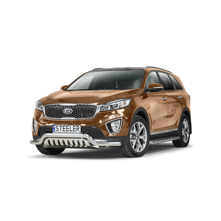 EC Homologated Bullbar, Steeler 4x4 Low Spoiler Bar with Plate, Color Silver, Kia Sorento 2015 - 2018 - EDK.ro