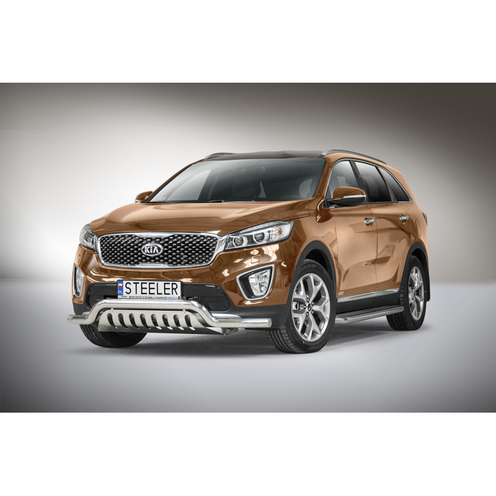 Bullbar Omologat RAR, Steeler 4x4 Low Spoiler Bar cu Placă, Culoare Argintiu, Kia Sorento 2015 - 2018 - EDK.ro