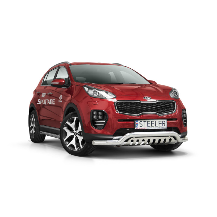 Bullbar Omologat RAR, Steeler 4x4 Low Spoiler Bar cu Placă, Culoare Argintiu, Kia Sportage 2015 - 2021 - EDK.ro
