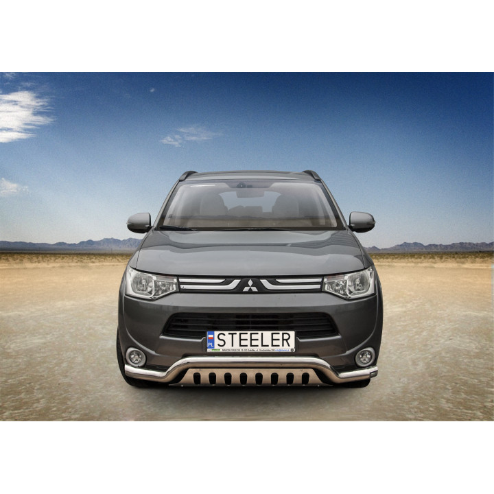 EC Homologated Bullbar, Steeler 4x4 Low Spoiler Bar with Plate, Color Silver, Mitsubishi Outlander 2012 - 2015 - EDK.ro