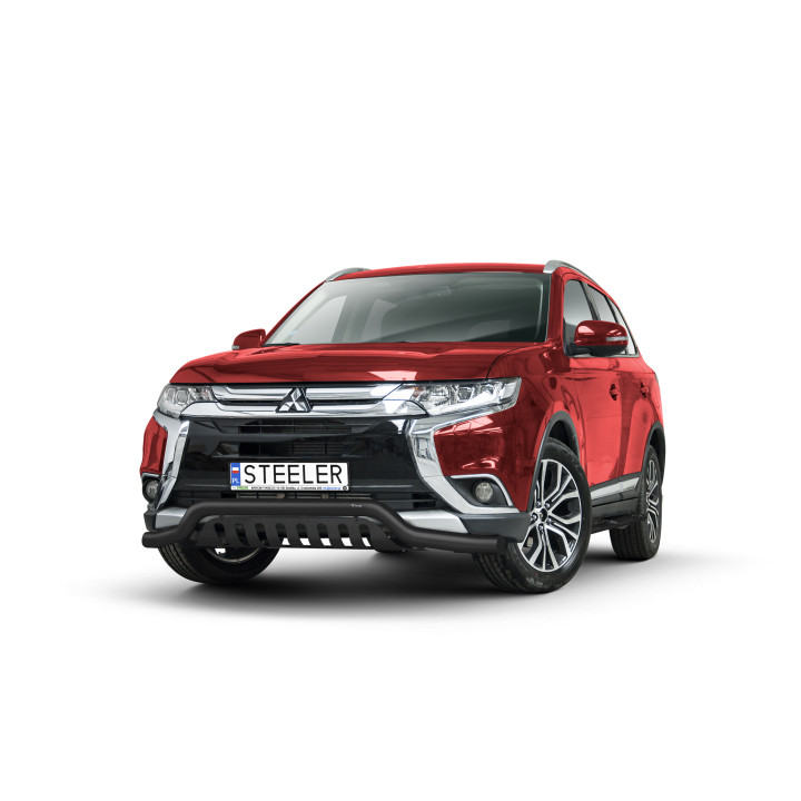 EC Homologated Bullbar, Steeler 4x4 Low Spoiler Bar with Plate, Color Black, Mitsubishi Outlander 2015 - 2018 - EDK.ro