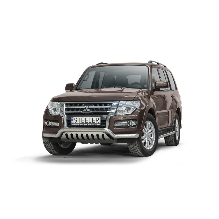 EC Homologated Bullbar, Steeler 4x4 Low Spoiler Bar with Plate, Color Silver, Mitsubishi Pajero 2015 - Present - EDK.ro