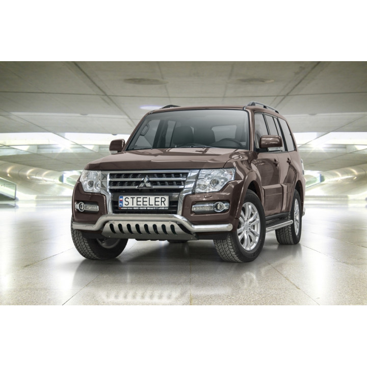 Bullbar Omologat RAR, Steeler 4x4 Low Spoiler Bar cu Placă, Culoare Argintiu, Mitsubishi Pajero 2015 - Prezent - EDK.ro