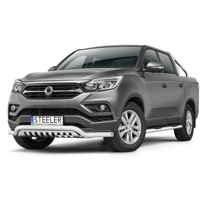 EC Homologated Bullbar, Steeler 4x4 Low Spoiler Bar with Plate, Color Silver, SsangYong Musso 2018 - 2021 - EDK.ro