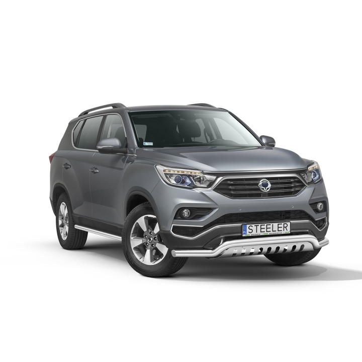 Bullbar Omologat RAR, Steeler 4x4 Low Spoiler Bar cu Placă, Culoare Argintiu, SsangYong Rexton 2018 - Prezent - EDK.ro
