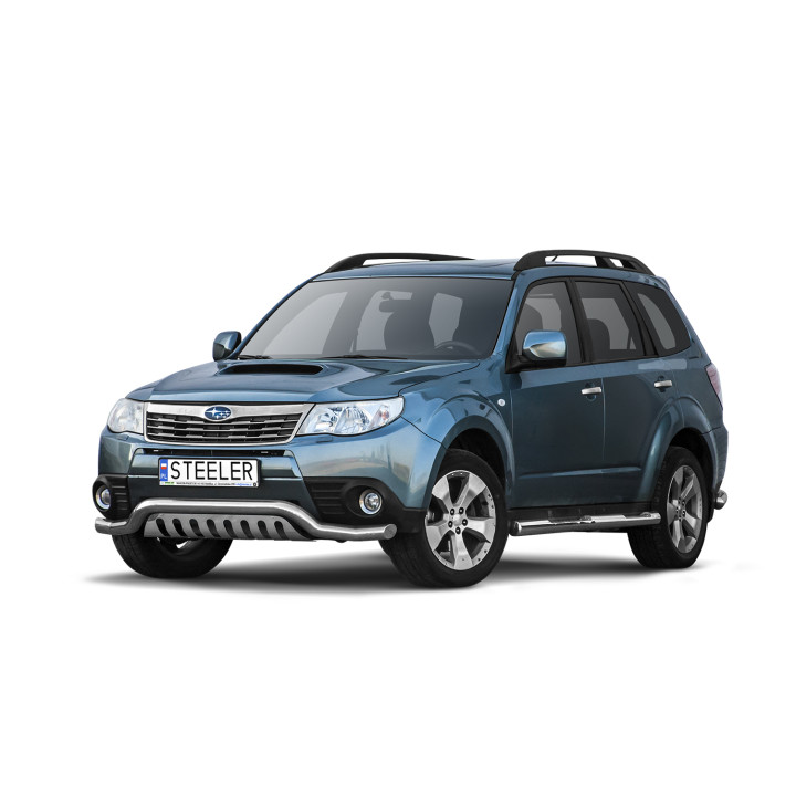 EC Homologated Bullbar, Steeler 4x4 Low Spoiler Bar with Plate, Color Silver, Subaru Forester 2008 - 2013 - EDK.ro