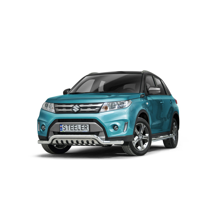 EC Homologated Bullbar, Steeler 4x4 Low Spoiler Bar with Plate, Color Silver, Suzuki Vitara 2015 - 2018 - EDK.ro
