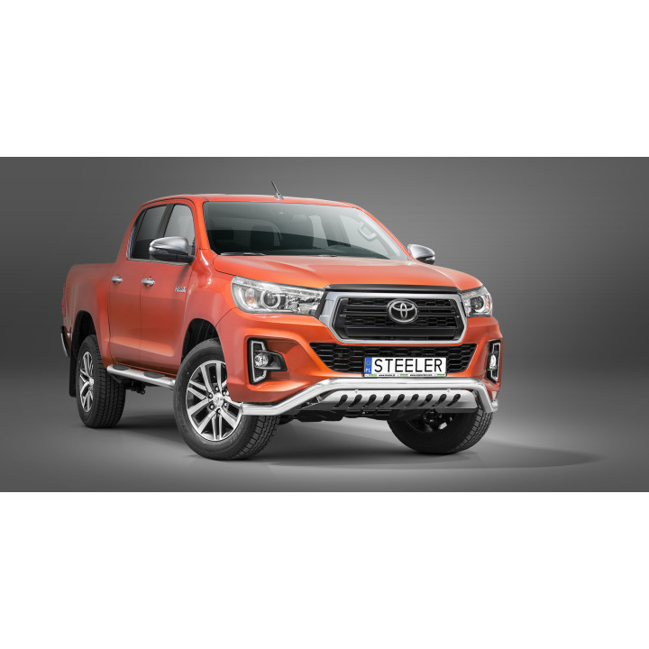EC Homologated Bullbar, Steeler 4x4 Low Spoiler Bar with Plate, Color Silver, Toyota Hilux 2018 - 2021 - EDK.ro