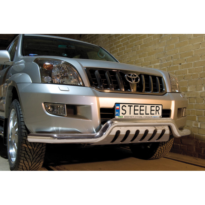Bullbar Omologat RAR, Steeler 4x4 Low Spoiler Bar cu Placă, Culoare Argintiu, Toyota Land Cruiser 120 2002 - 2009 - EDK.ro