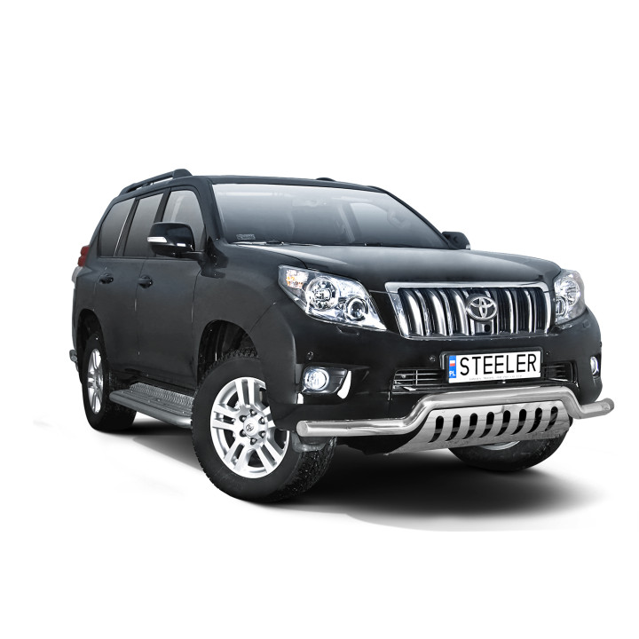 Bullbar Omologat RAR, Steeler 4x4 Low Spoiler Bar cu Placă, Culoare Argintiu, Toyota Land Cruiser 150 2010 - 2013 - EDK.ro