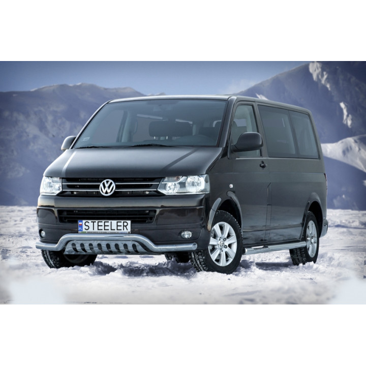 EC Homologated Bullbar, Steeler 4x4 Low Spoiler Bar with Plate, Color Silver, Volkswagen Transporter T5 2003 - 2015 - EDK.ro