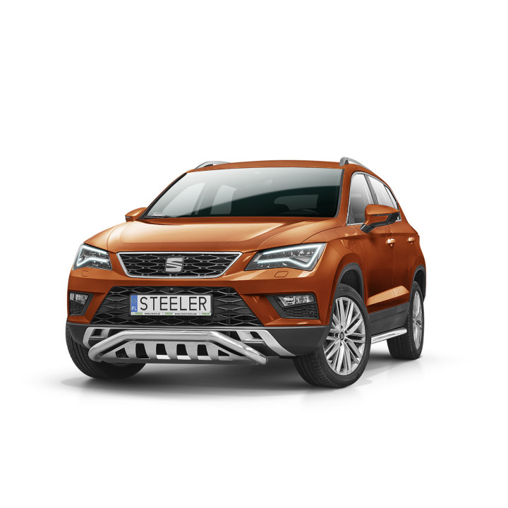 EC Homologated Bullbar, Steeler 4x4 Narrow Low Spoiler Bar with Plate, Color Silver, Seat Ateca 2016 - 2020 - EDK.ro