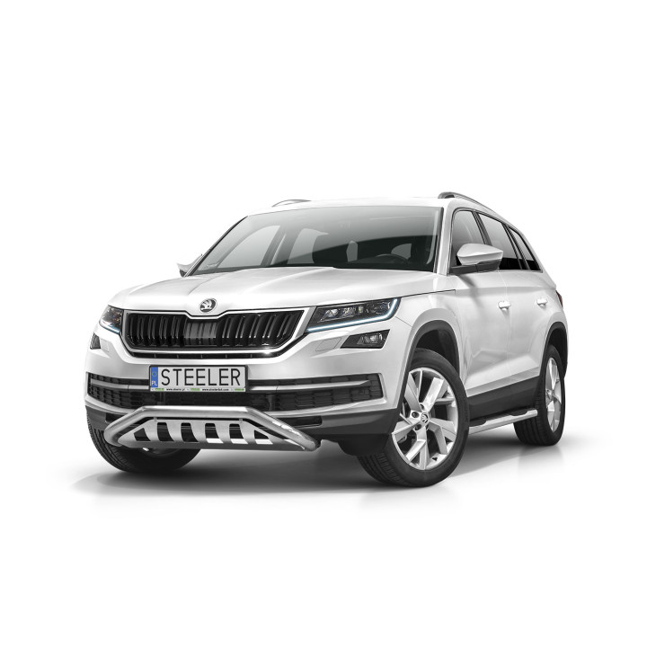 EC Homologated Bullbar, Steeler 4x4 Narrow Low Spoiler Bar with Plate, Color Silver, Škoda Kodiaq 2016 - 2021 - EDK.ro