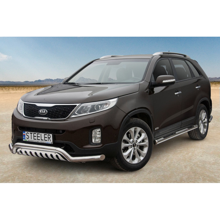 Praguri Laterale, Steeler 4x4 Side Bars cu Treaptă Checker Plate, Culoare Argintiu, Kia Sorento 2012 - 2015 - EDK.ro