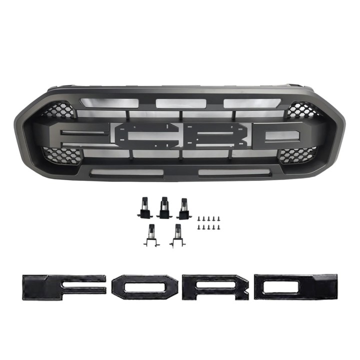 Front Grille, Otros Fabricantes Front ABS LED W/ Letters Raptor Style XL/XLT/Limited, Color Black, Ford Ranger 2019 - 2022 - EDK