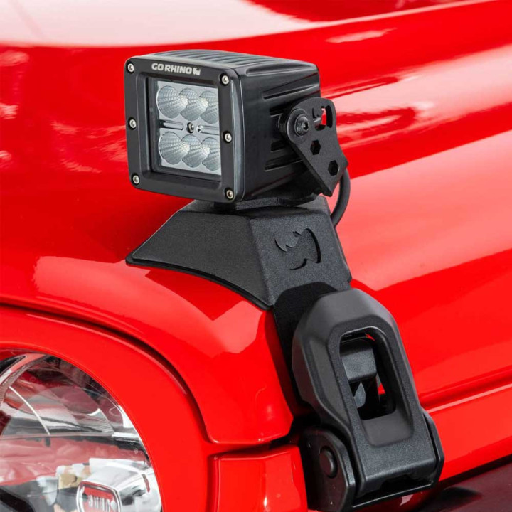 EC Approved LED Projector Integration Kit, Go Rhino Hood latch pod mount kit for a single cube LED 3x3", Jeep Gladiator / Wrangl