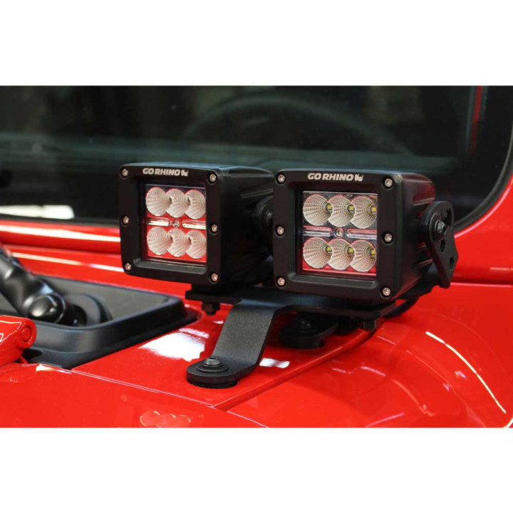 EC Approved LED Projector Integration Kit for Windshield, Go Rhino Windshield cowl mounts for a LED 3x3" Dual Cube, Jeep Gladiat