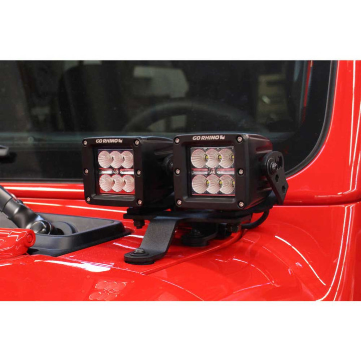 EC Approved LED Projector Integration Kit for Windshield, Go Rhino Windshield cowl mounts for a LED 3x3" Dual Cube, Jeep Gladiat