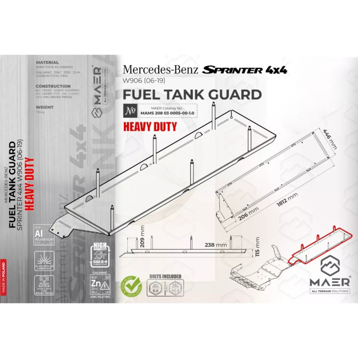Placă de Protecție Rezervor de Combustibil din Aluminiu Rezistentă, MAER, Mercedes-Benz Sprinter 2006 - 2019 - EDK.ro