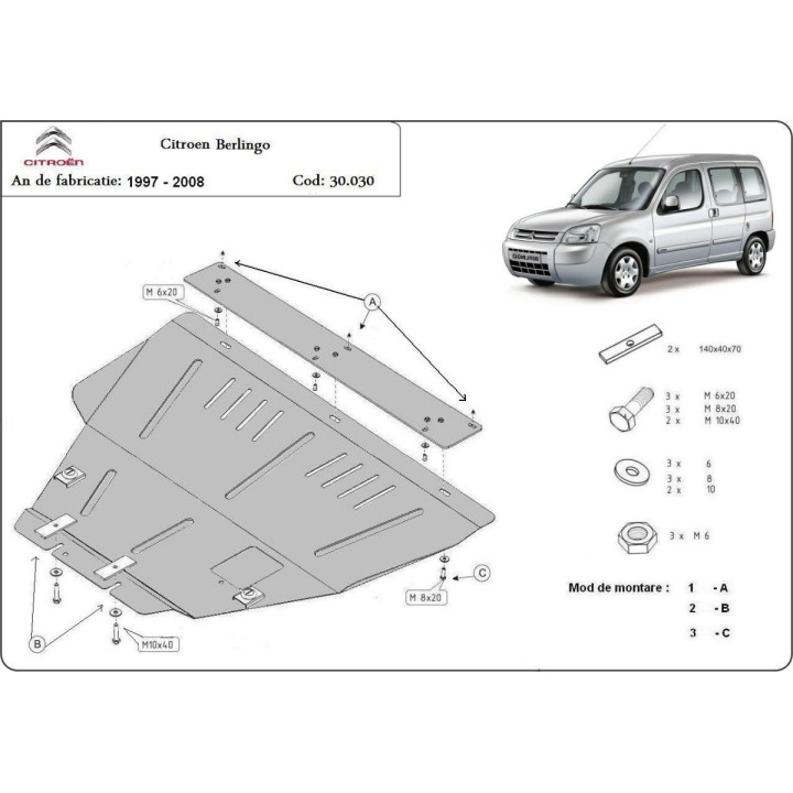 Skid Plate for Engine, Scut Protection, Citroën Berlingo 1997 - 2008 - EDK.ro