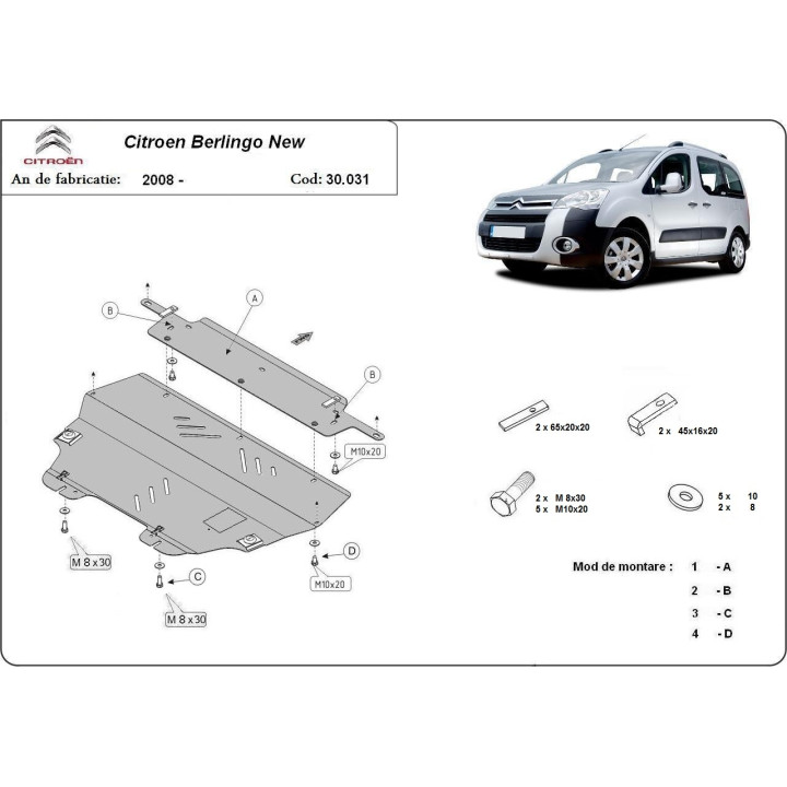 Skid Plate for Engine, Scut Protection, Citroën Berlingo 2008 - 2018 - EDK.ro