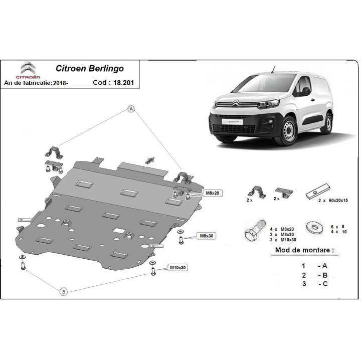 Skid Plate for Engine, Scut Protection, Citroën Berlingo 2018 - Present - EDK.ro