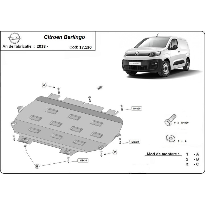 Skid Plate for Engine, Scut Protection, Citroën Berlingo 2018 - Present - EDK.ro