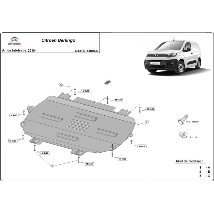 Aluminium Skid Plate for Engine, Scut Protection, Citroën Berlingo 2019 - Present - EDK.ro