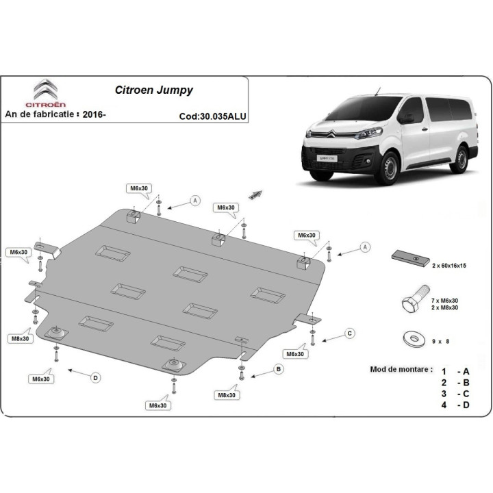Aluminium Skid Plate for Engine, Scut Protection, Citroën Jumpy 2016 - Present - EDK.ro