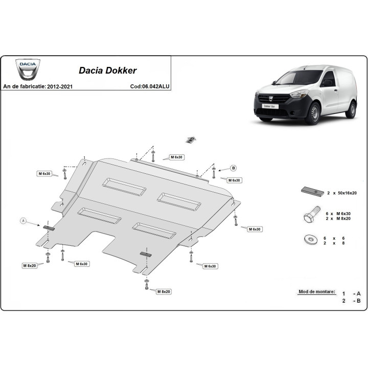Aluminium Skid Plate for Engine, Scut Protection, Dacia Dokker 2012 - 2021 - EDK.ro