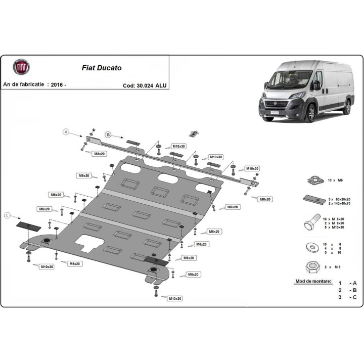 Aluminium Skid Plate for Engine, Scut Protection, Fiat Ducato 2016 - Present - EDK.ro
