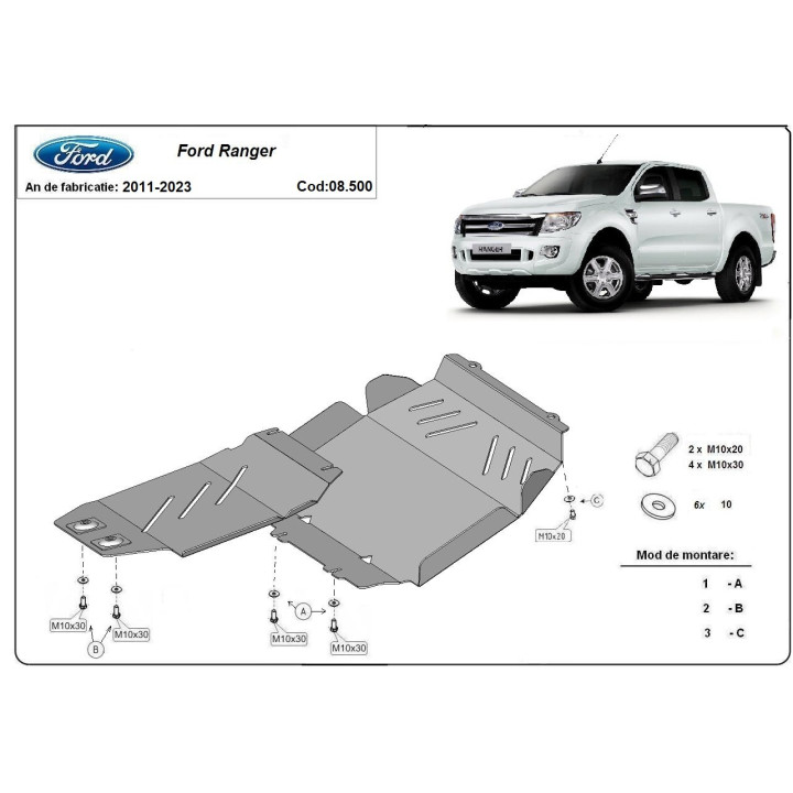 Skid Plate for Engine, Scut Protection, Ford Ranger 2010 - 2023 - EDK.ro