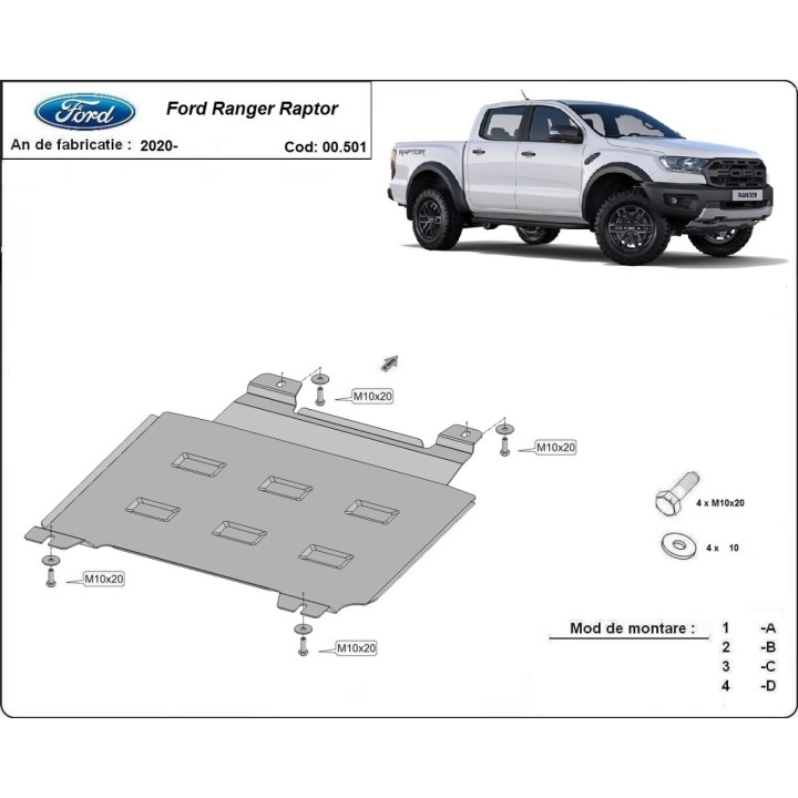 Skid Plate for Gearbox, Scut Protection, Ford Ranger Raptor 2020 - 2023 - EDK.ro