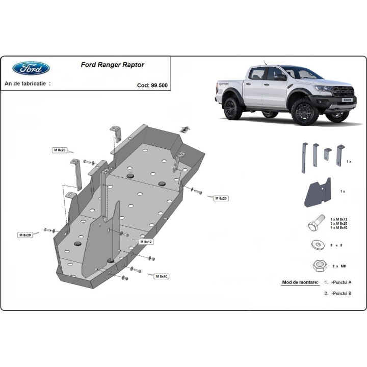 Skid Plate for Fuel Tank, Scut Protection, Ford Ranger Raptor 2020 - 2023 - EDK.ro