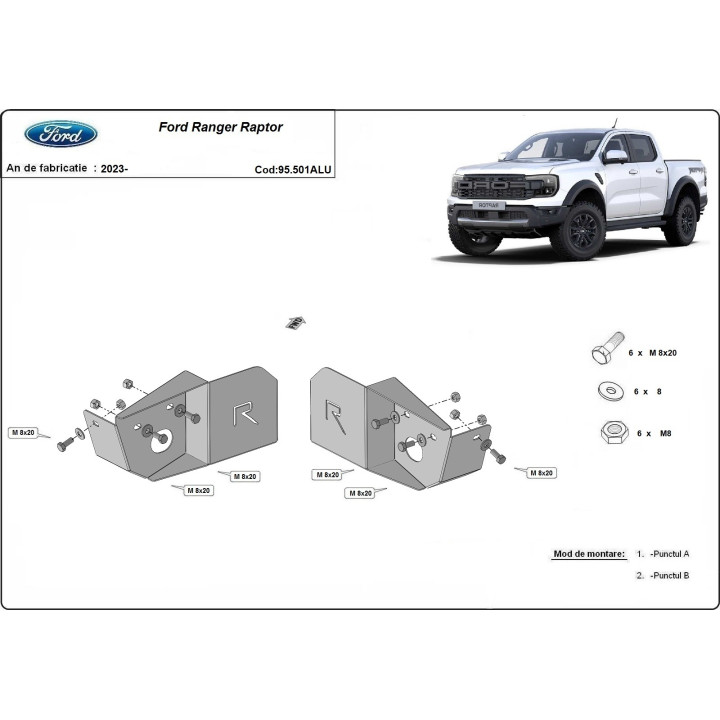 Aluminium Skid Plate for Rear Suspension Arm Sensor, Scut Protection, Ford Ranger Raptor 2023 - Present - EDK.ro